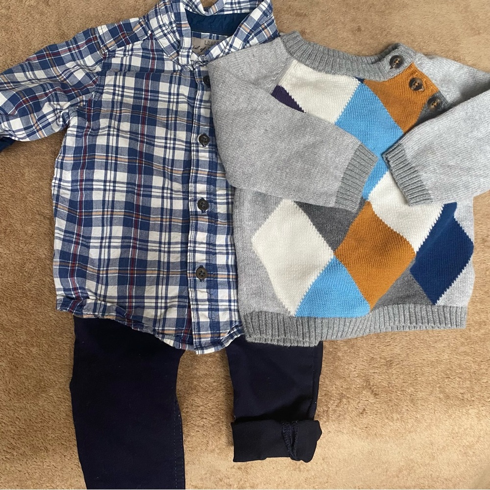 H&M Blue Plaid Shirt and Gray Argyle Sweater Curated Set 4-6 MOS